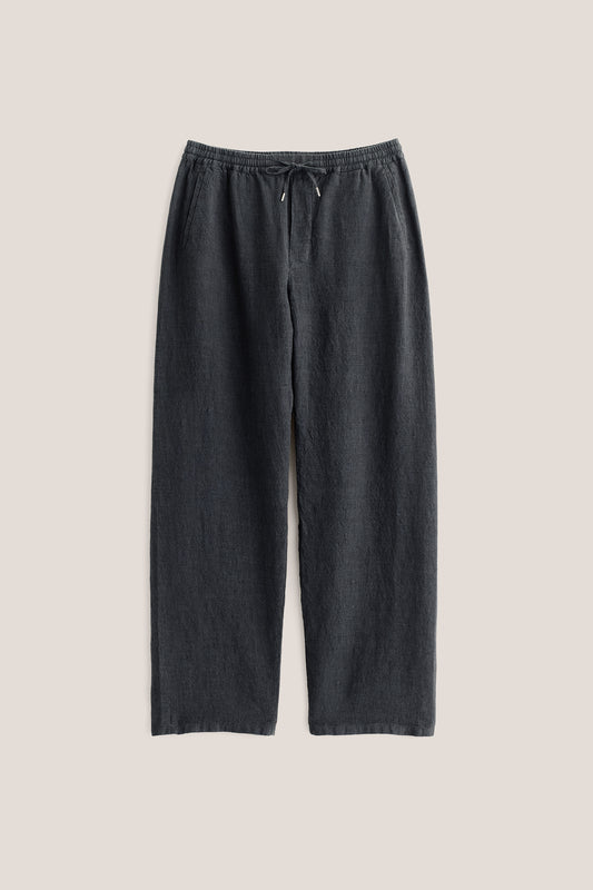 Men's long-pants, 100% linen, plain weave, charcoal, with elasticated waistband and drawstring.