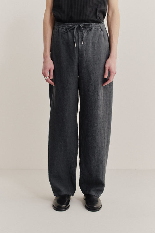 Men's long-pants, 100% linen, vintage-like texture, charcoal, wide straight fit, elasticated waistband.