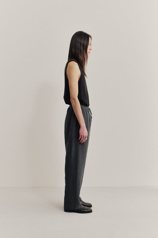 Men's long-pants, 100% linen, plain weave, dark grey Samurai Trousers with elastic waist.