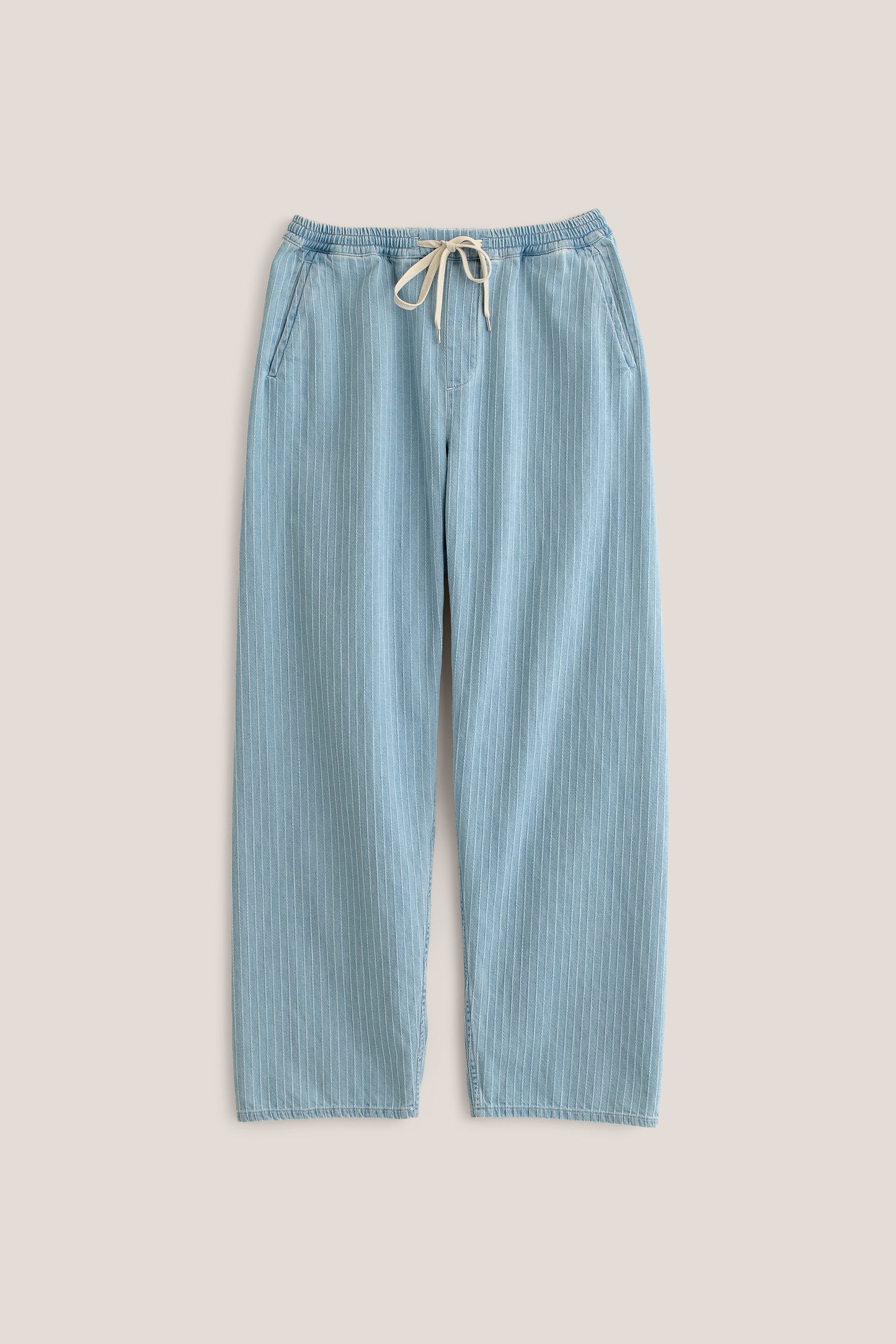 Men's pants, long-pants, organic cotton, washed light blue denim with white pinstripes, elastic waist, wide fit.