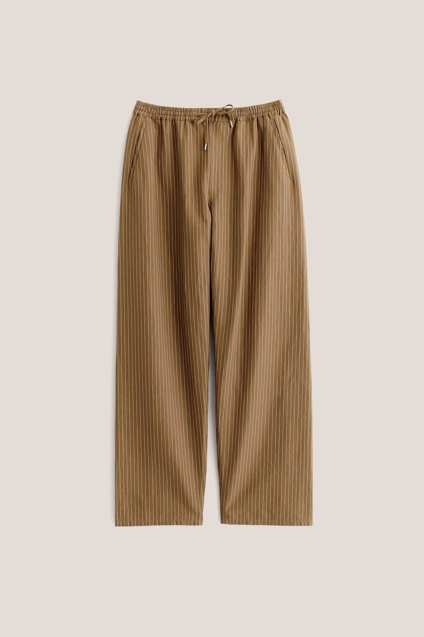 Men's pants, long-pants, cotton-linen seersucker, brown with white pinstripes, elastic waist.