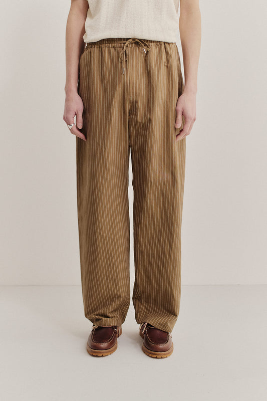 Men's long pants, cotton-linen seersucker, brown with white pinstripes, elastic waist, relaxed leg.