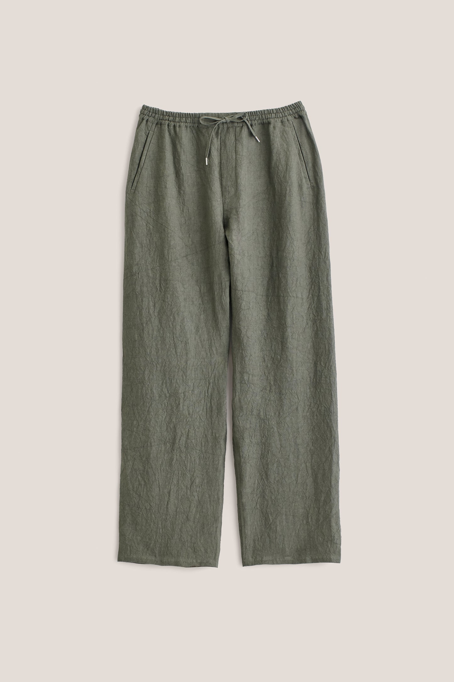 Men's long pants, wide-fit Japanese linen, sun-dried, olive green with elastic waist and welt pockets.