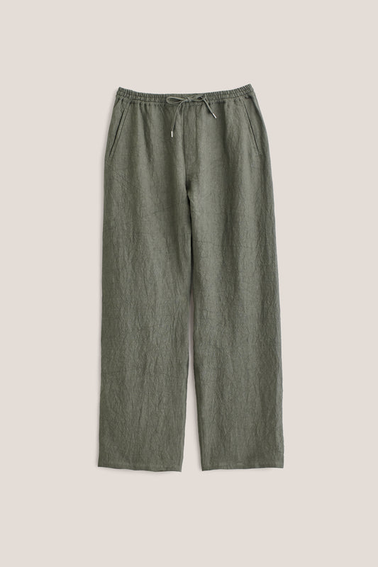 Men's long pants, wide-fit Japanese linen, sun-dried, olive green with elastic waist and welt pockets.