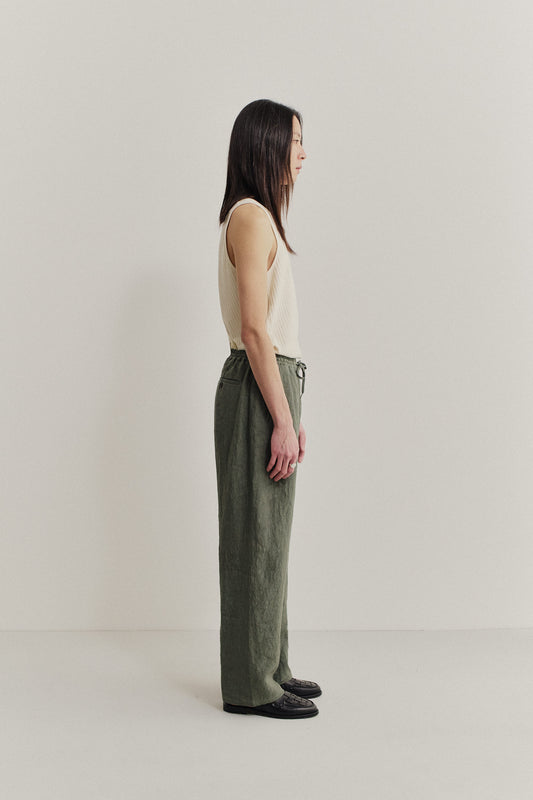 Men's long pants, Japanese linen, sun-dried, wide straight fit, elasticated waistband, olive green.