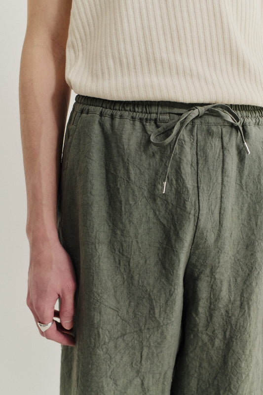 Men's long pants, 100% Japanese linen, sun-dried, olive green, elastic waist with drawstring.