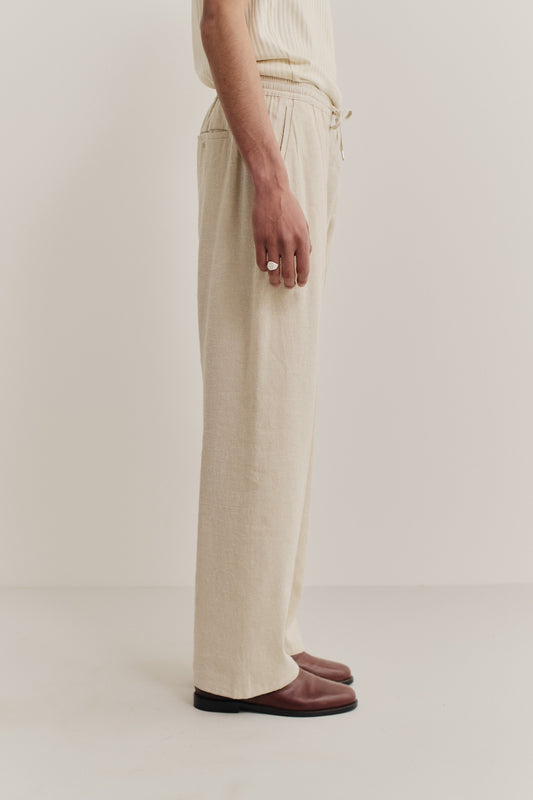 Unisex long-pants, linen silk blend, naturally textured, undyed, unbleached, wide straight fit, elasticated waistband.