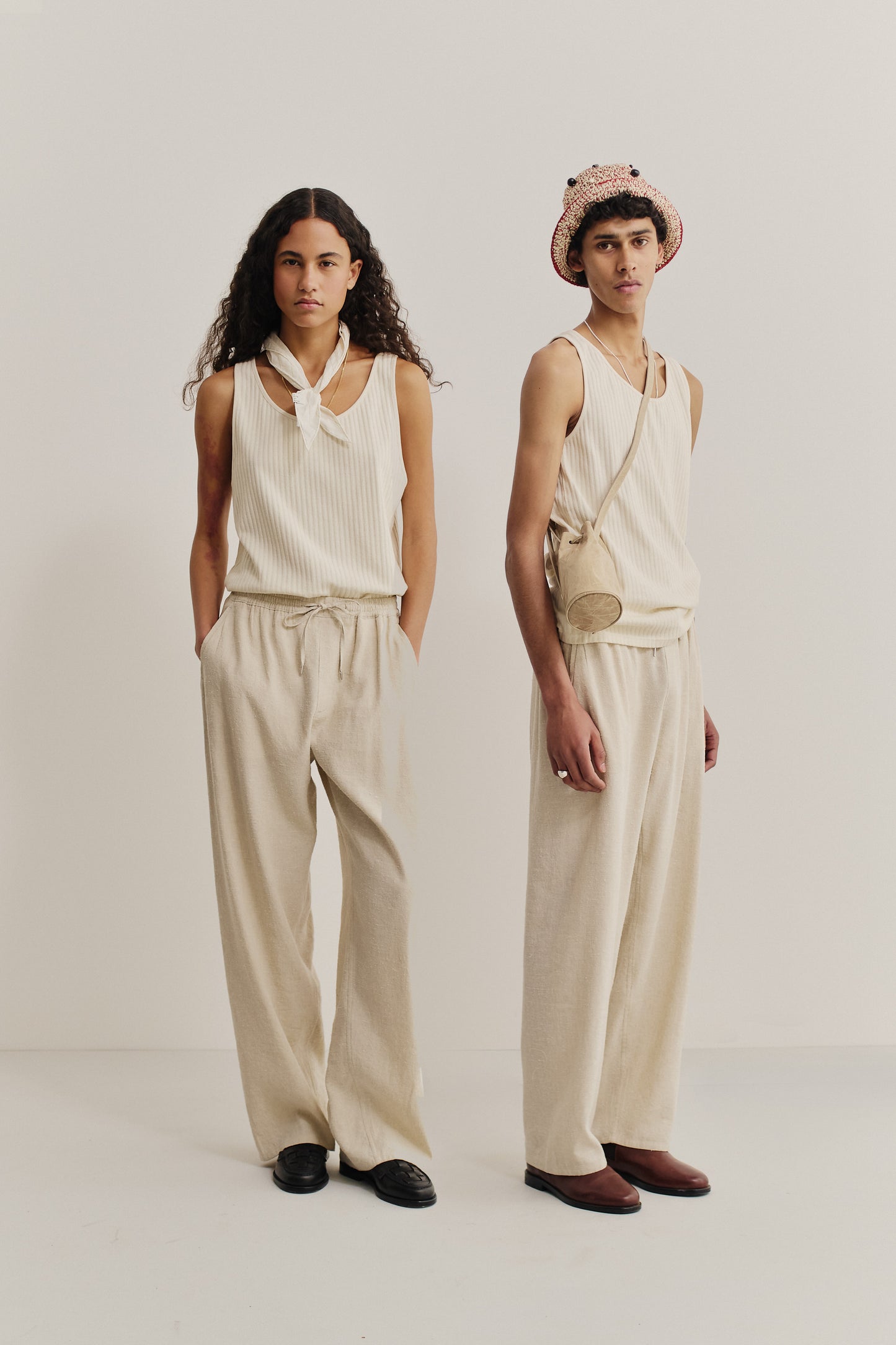 Unisex long-pants, linen-silk blend, undyed, natural beige, wide straight fit, elasticated waistband.