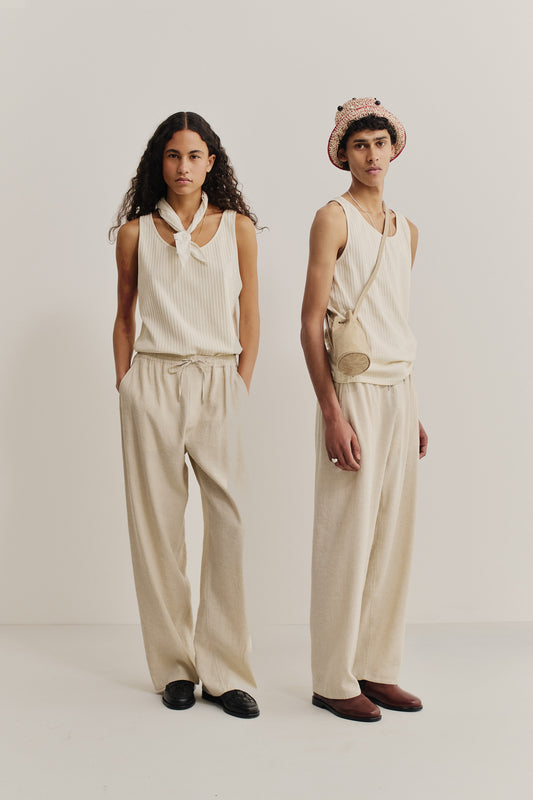 Unisex long-pants, linen-silk blend, undyed, natural beige, wide straight fit, elasticated waistband.