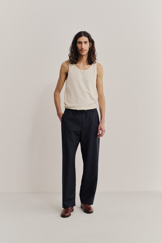 Men's long-pants, 100% virgin wool, dark navy Samurai Trousers with elastic waist and wide straight fit.