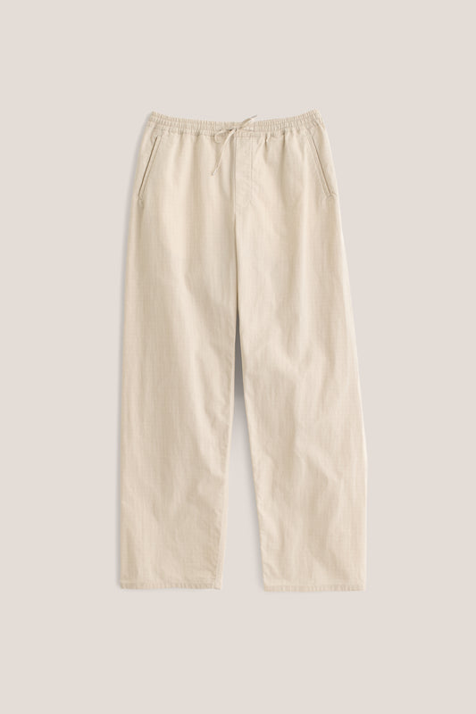 Men's long-pants, cotton blend ripstop, light beige, wide straight fit, elasticated waistband, welt pockets.