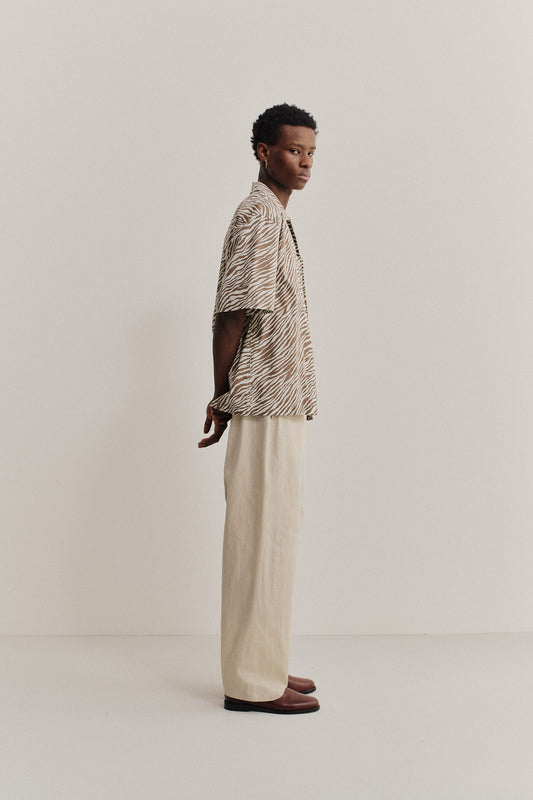 Men's long-pants, cotton mix, wide straight fit, elasticated waistband, beige.