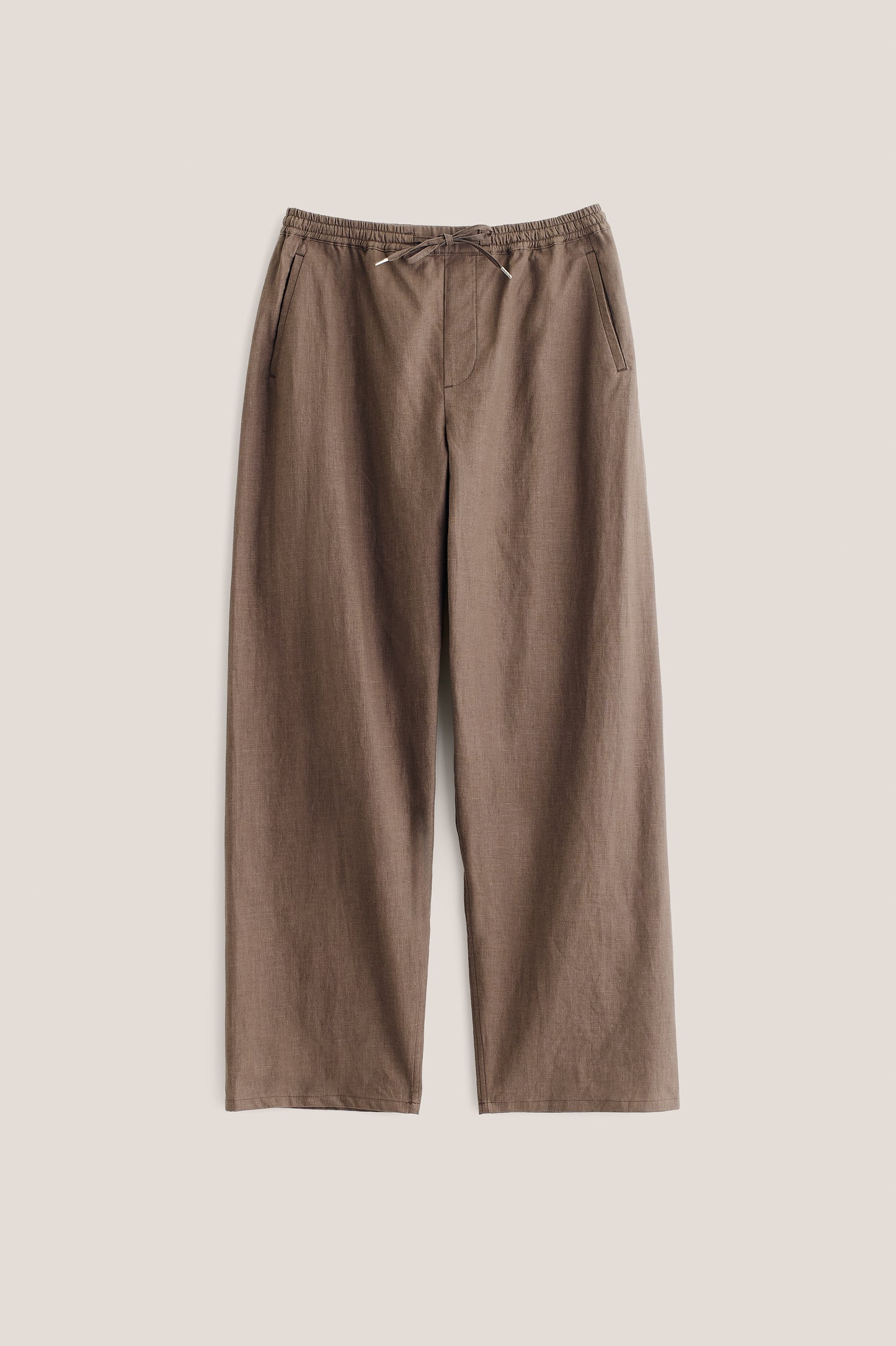 Men's long pants, 100% linen, natural brown, wide straight fit, elasticated waist, welt pockets.