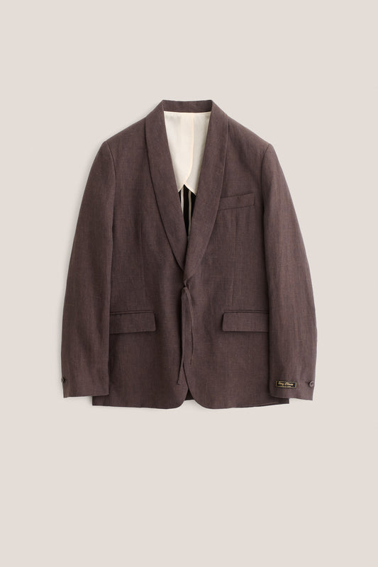 Men's tailoring blazer, 100% linen, burnt umber, with shawl collar, flap pockets, and kimono-inspired cord closure.