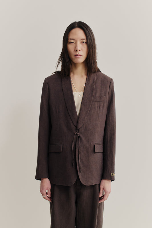 Men's tailoring blazer, 100% linen, burnt umber, shawl collar, kimono-inspired cord closure.