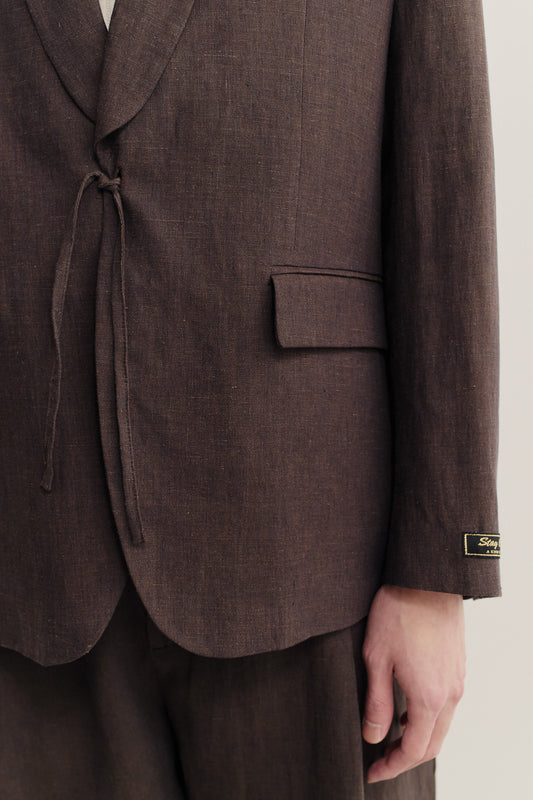 Men's tailoring, Shinji Blazer, 100% linen, burnt umber, kimono-inspired cord closure, flap pockets.