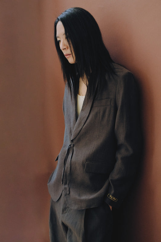 Men's tailoring, Shinji Blazer, 100% linen, kimono-inspired cord closure, burnt umber.