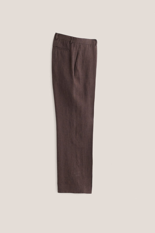 Men's long-pants, tailored wide-leg linen, canvas weave, brown.