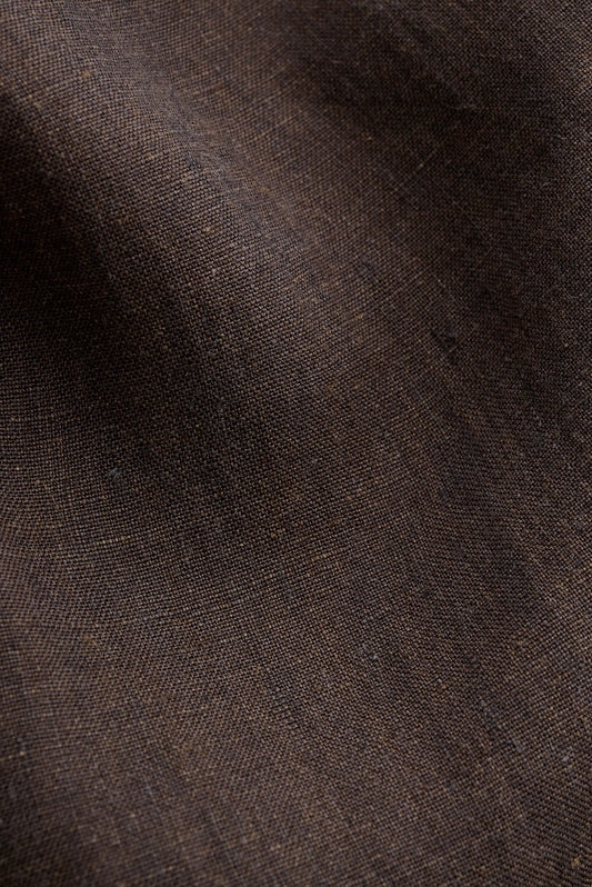 Men's long-pants, 100% linen, canvas weave, dark brown, tailored wide-leg trousers.
