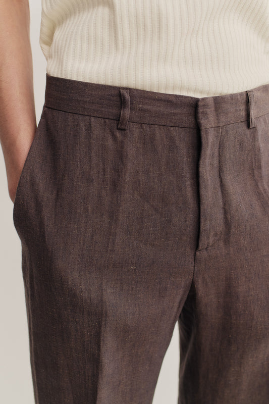 Men's long-pants, 100% linen, classic canvas weave, brown, tailored wide-leg cut, hidden front closure.