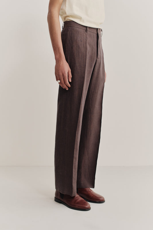 Men's long pants, 100% linen, classic canvas weave, brown, tailored wide-leg with pressed pleat.