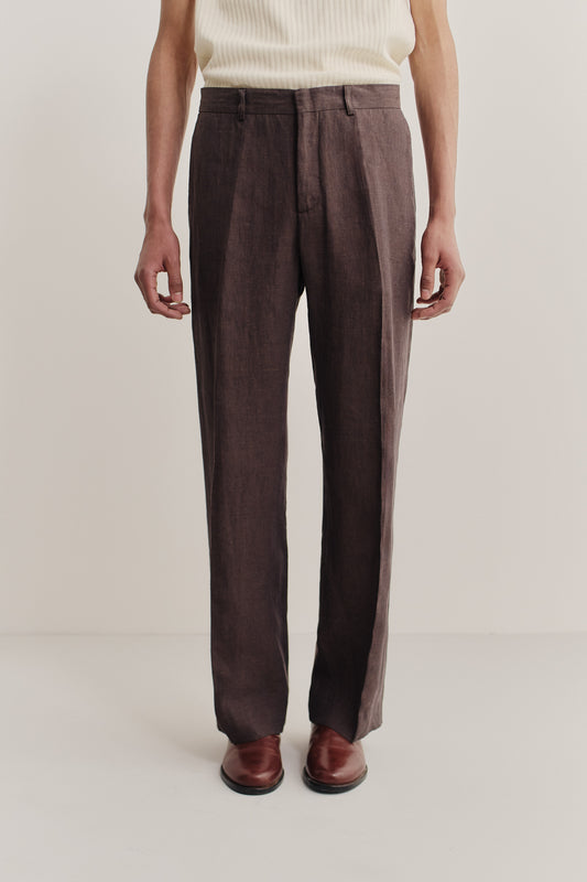Men's long-pants, 100% linen, tailored wide-leg, pressed pleat, brown.