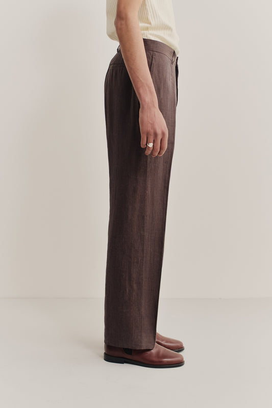 Men's long-pants, linen, brown, tailored wide-leg cut, pressed front pleat.