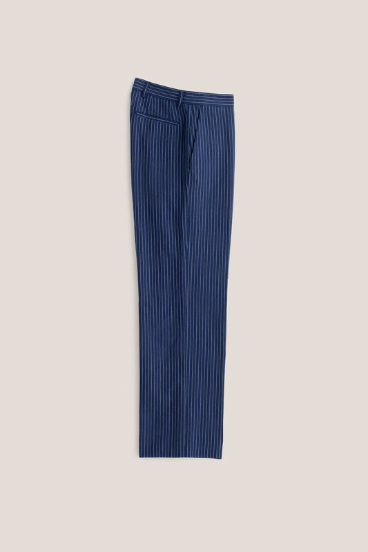 Men's long-pants, cotton-linen seersucker, navy with white pinstripes, wide-leg, pressed pleat.