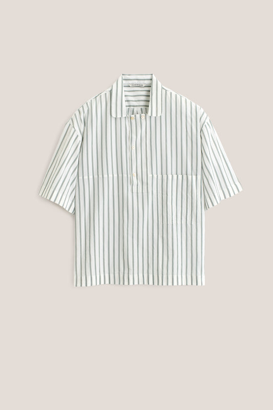 Men's short-sleeved shirt, cotton-silk-linen blend, washed finish, white with green stripes, polo collar, chest pocket.