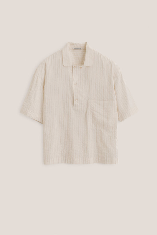 Men's short-sleeved shirt, cotton-silk-linen blend, washed, off-white with subtle vertical stripes.