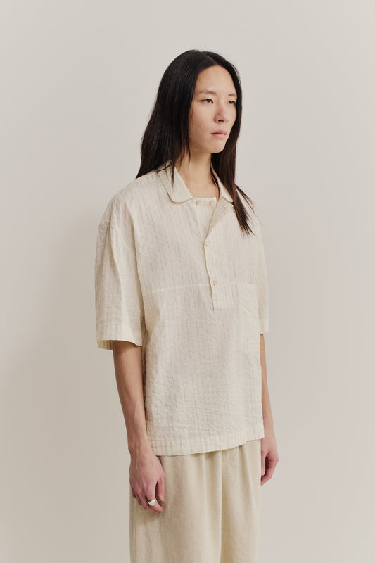 Men's short-sleeved shirt, cotton-silk-linen blend, washed, light beige with subtle stripes.