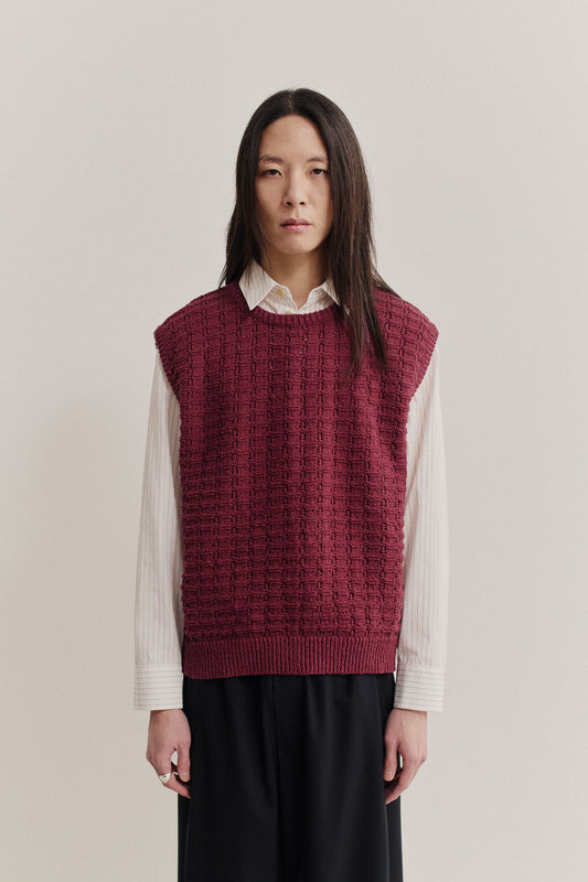 Men's knit vest, organic cotton-wool bouclé, openwork knit, burgundy, oversized.