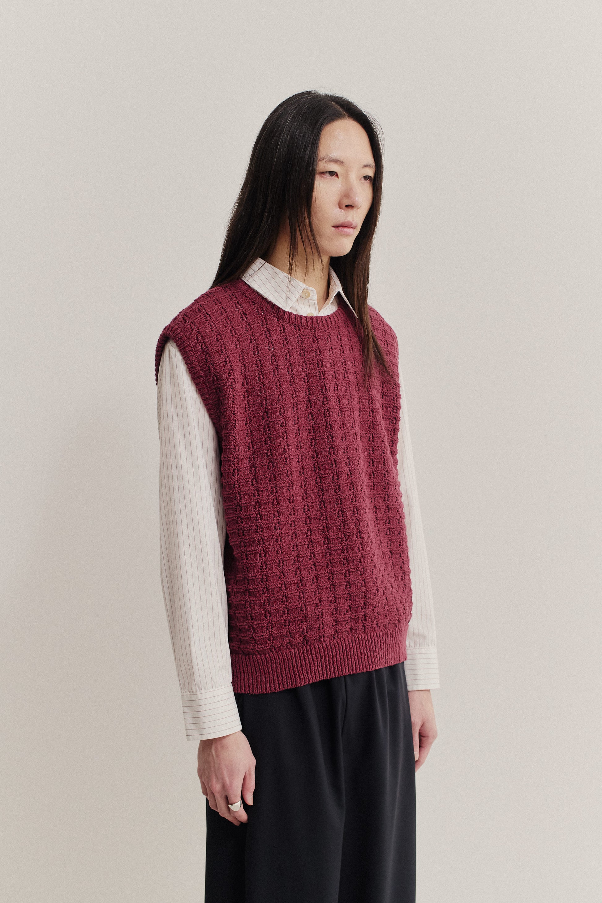 Men's knit vest, cotton-wool bouclé, openwork knit, burgundy, oversized.