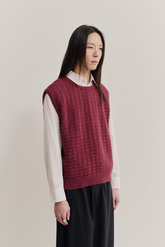 Men's knit vest, cotton-wool bouclé, openwork knit, burgundy, oversized.