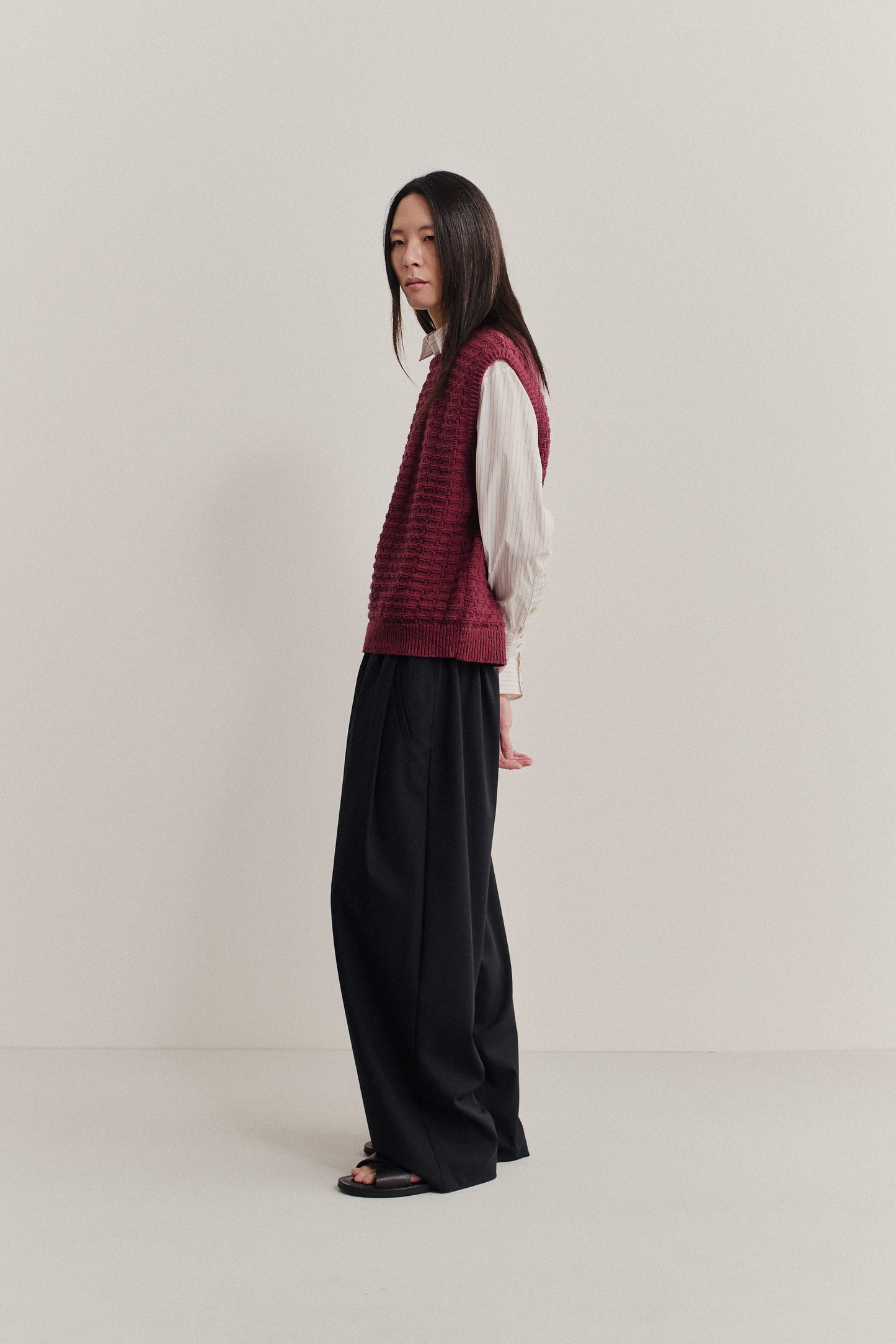 Men's knit vest, organic cotton-wool bouclé, openwork knit, dark red, oversized fit.