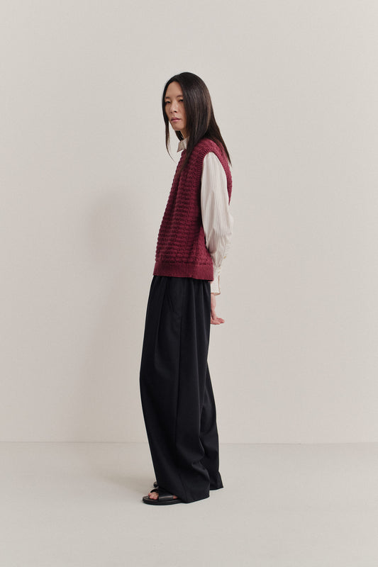 Men's knit vest, organic cotton-wool bouclé, openwork knit, dark red, oversized fit.