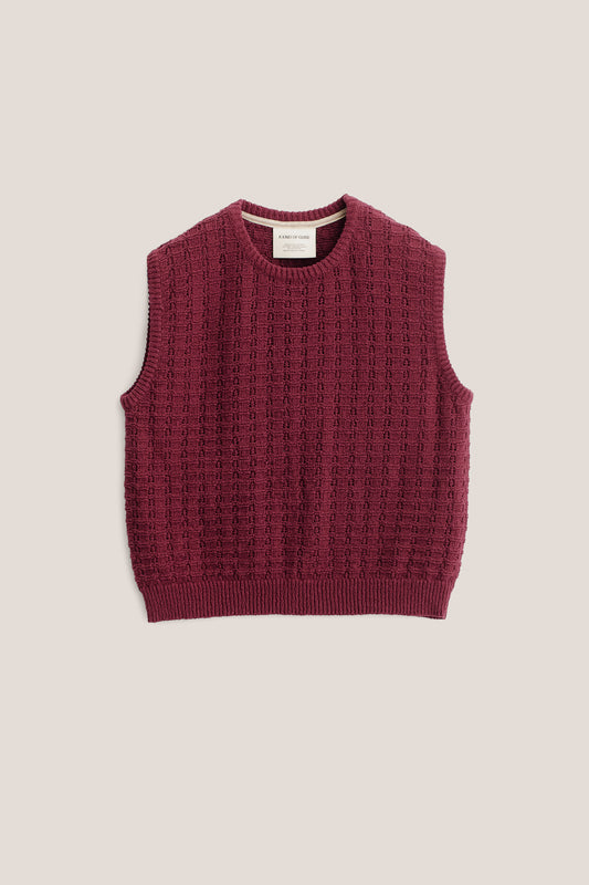 Men's knit vest, organic cotton-wool bouclé, openwork pattern, burgundy.