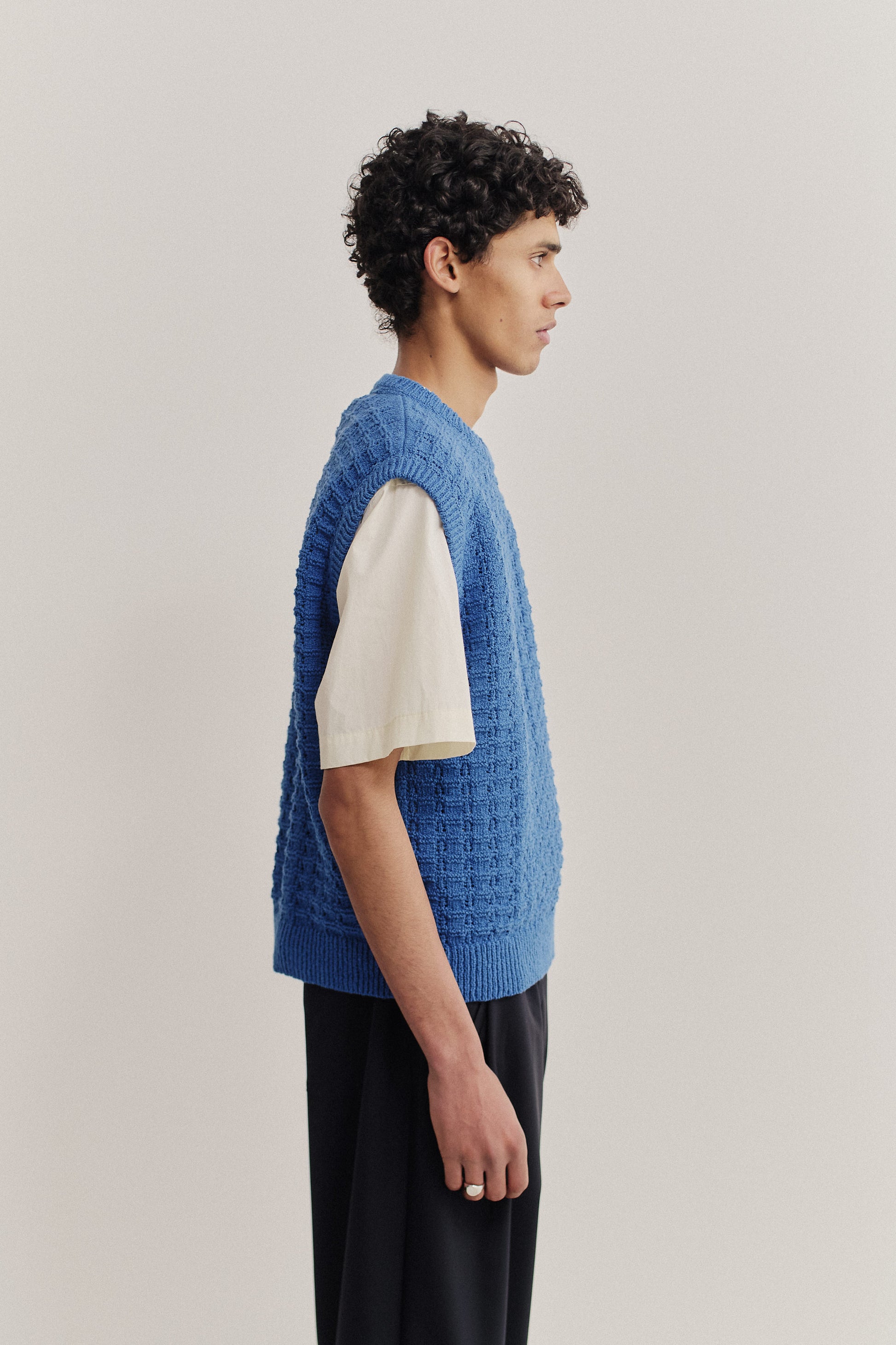 Men's knit vest, organic cotton-wool bouclé, openwork knit, bright blue, oversized fit.