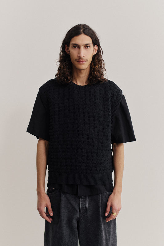 Men's knit vest, black organic cotton-wool bouclé, openwork knit, oversized fit.