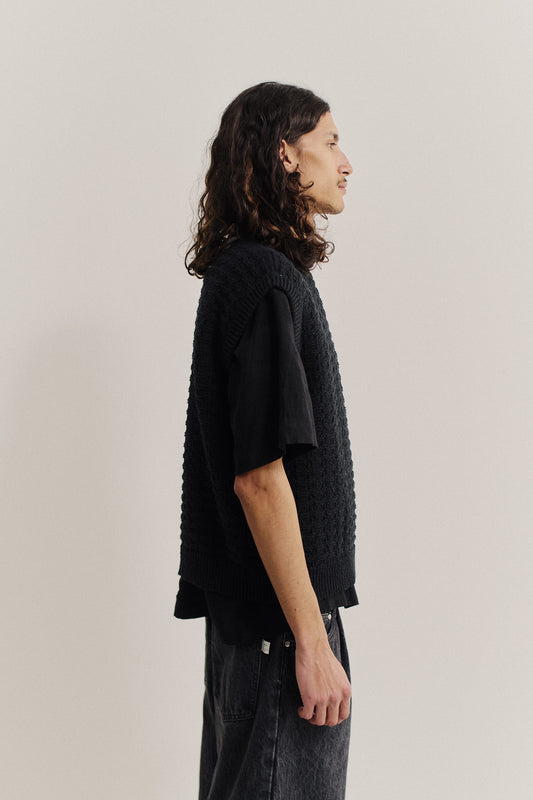 Men's knit vest, black cotton-wool bouclé, openwork knit, oversized fit.