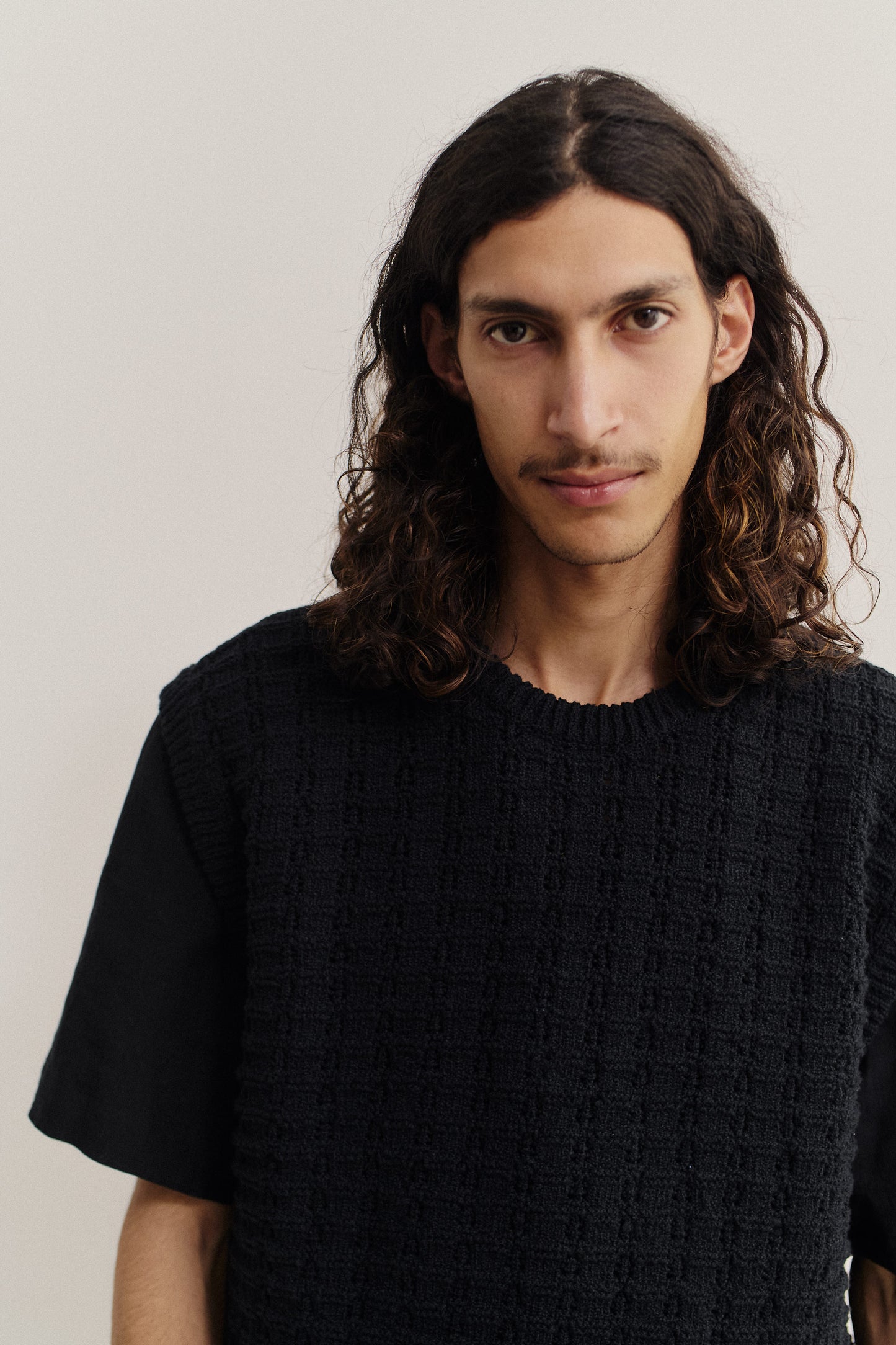 Men's knit vest, organic cotton-wool bouclé, openwork knit, black, oversized fit.
