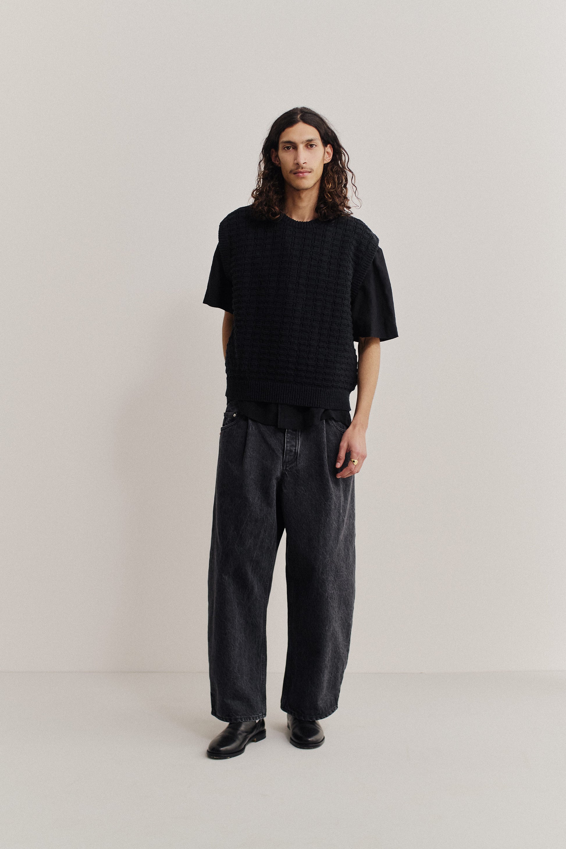 Men's knit vest, black cotton-wool bouclé, openwork knit, oversized fit.