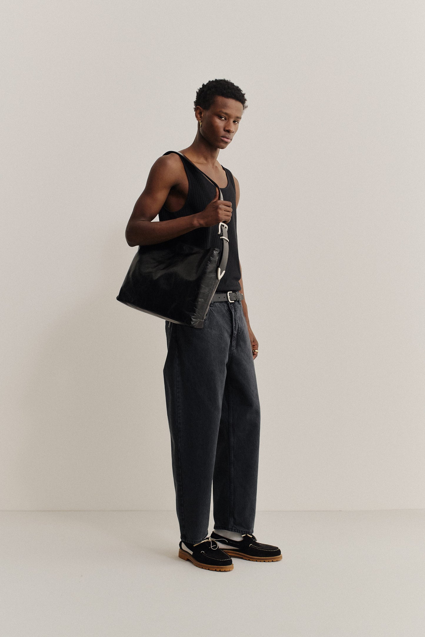 Men's long-pants, organic cotton, stone washed, dark grey Terek Jeans with a loose, tapered fit.