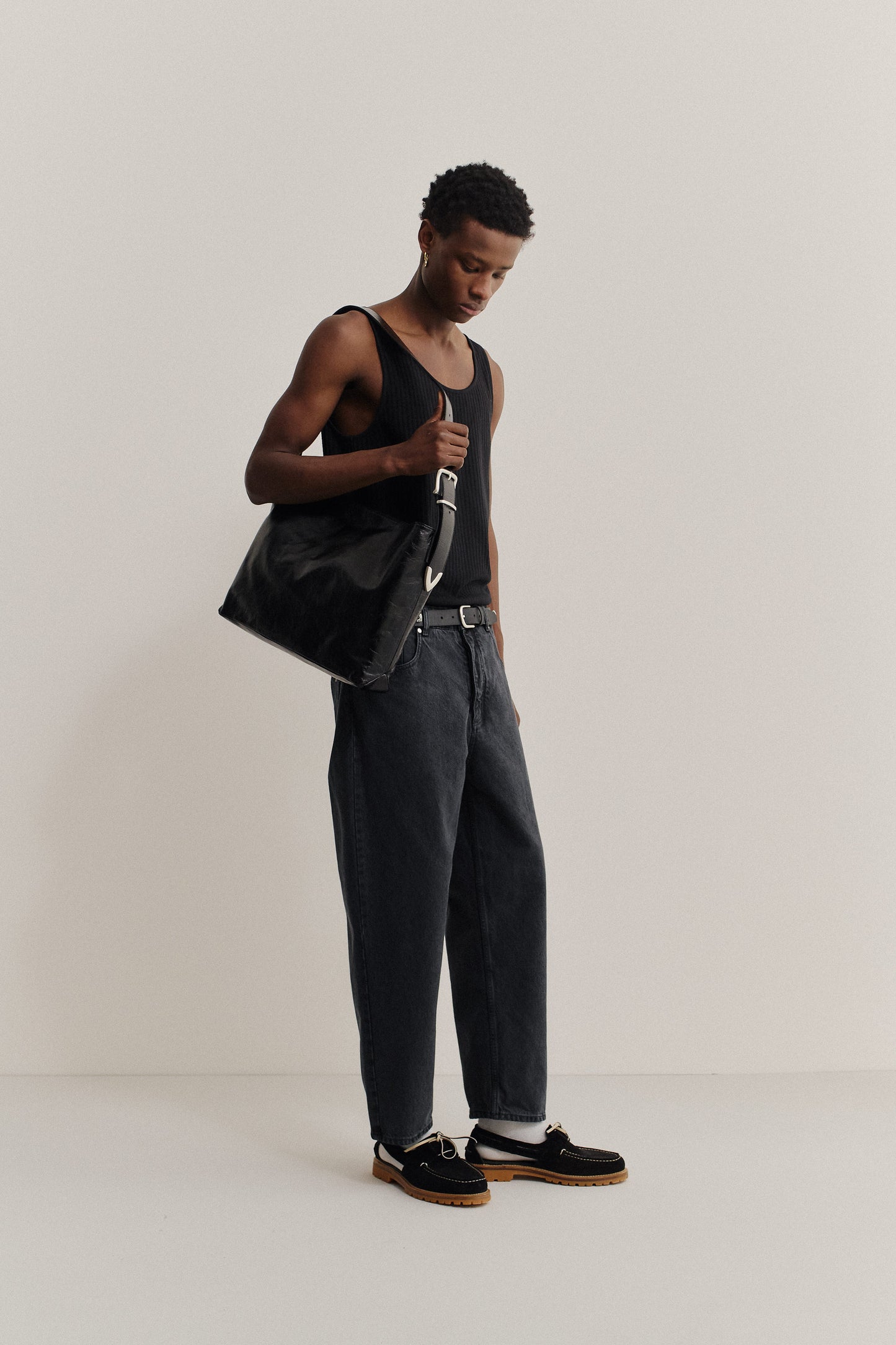 Men's long-pants, organic cotton denim, stone washed, dark grey.