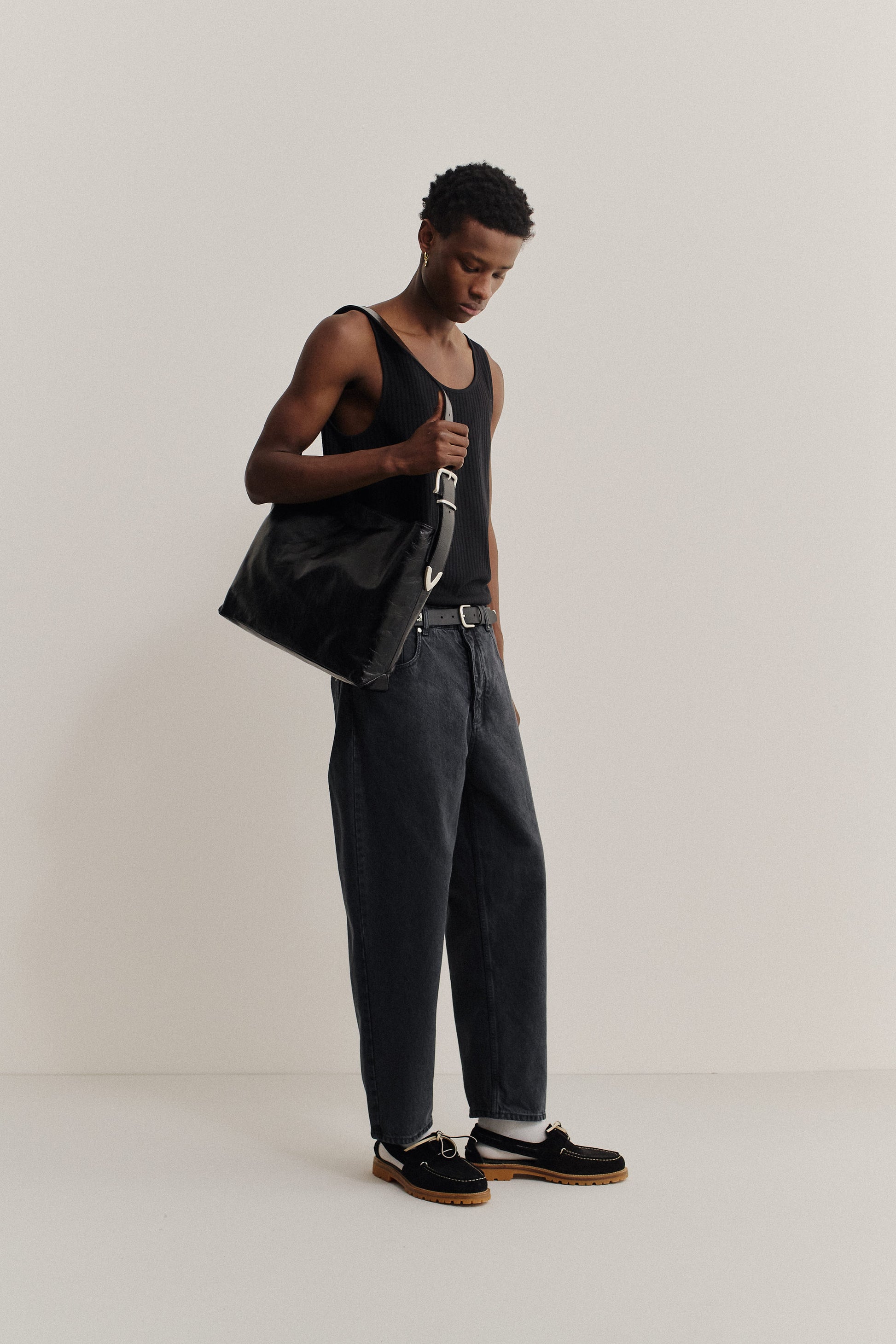 Men's long-pants, organic cotton denim, stone washed, dark grey.