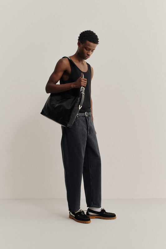 Men's long-pants, organic cotton denim, stone washed, dark grey.