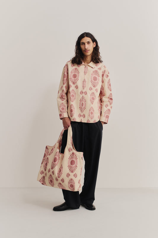 Women's accessories, Thika Bag, cotton and recycled polyester blend, ikat pattern, beige with pink print.