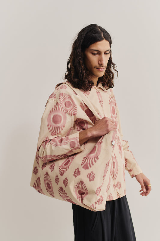 Women's accessories, Thika Bag, cotton and recycled polyester blend, ikat print, beige and red.