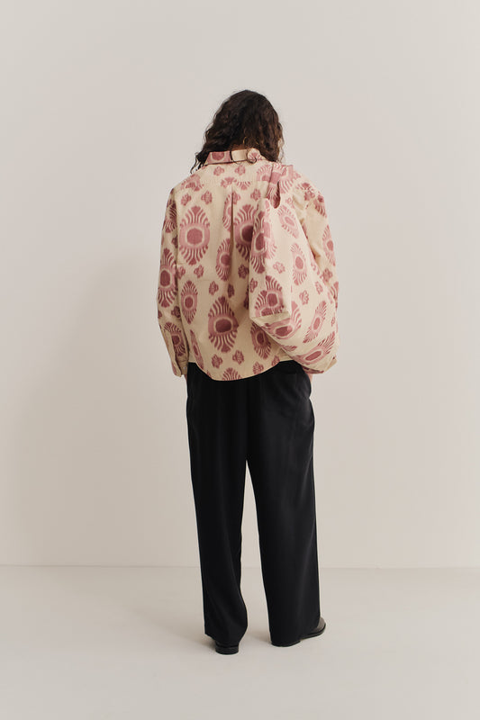 Women's accessories, Thika Bag, cotton and recycled polyester blend, ikat-patterned, beige with pink motifs.