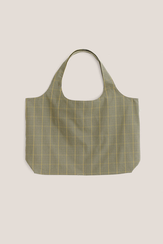Women's accessories bag, 100% cotton houndstooth with yellow plaid, beige base.
